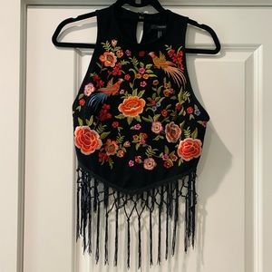 Embroidered fringe top